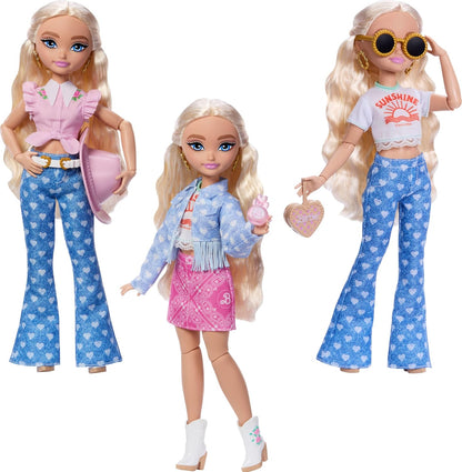 Barbie Conjunto Dream Besties Festival Looks, incluindo a boneca Barbie “Malibu” com cabelo loiro comprido e estilizado, mais de 10 roupas e acessórios removíveis, JGH87