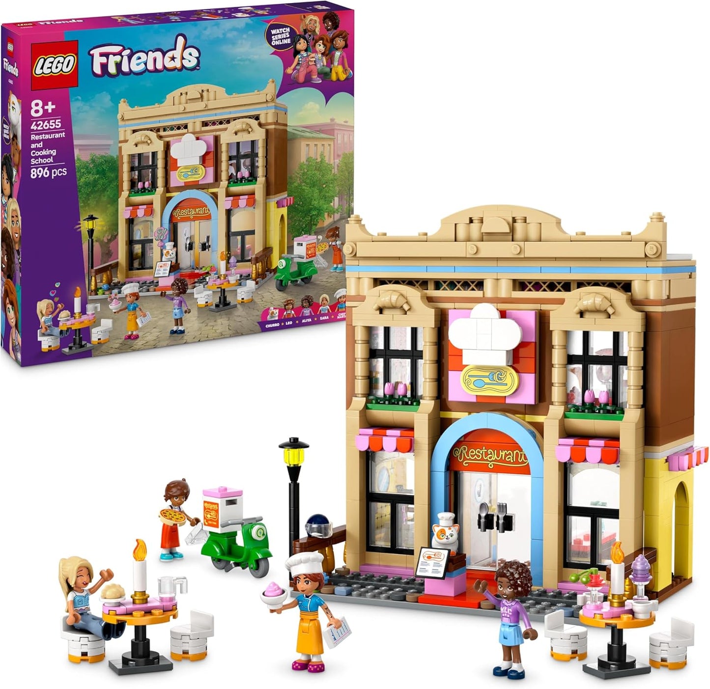 LEGO Friends Restaurant and Cooking School Set, Food Role-Play Toy with 4 Character Mini Dolls, a Cat Figure and Accessories, Birthday Gift for 8 Plus Year Old Girls