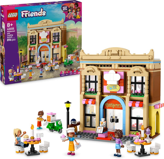 LEGO Friends Restaurant and Cooking School Set, Food Role-Play Toy with 4 Character Mini Dolls, a Cat Figure and Accessories, Birthday Gift for 8 Plus Year Old Girls