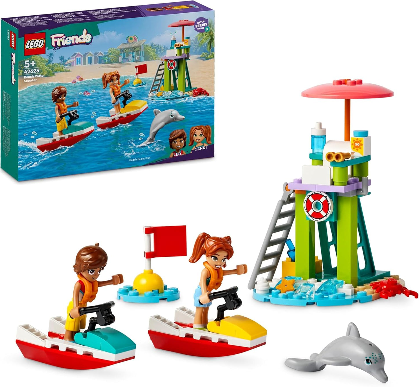 LEGO Friends Beach Water Scooter, conjunto de construção de brinquedos de salva-vidas para meninas, meninos e crianças de 5 anos ou mais, com 2 minibonecas e uma figura de golfinho para brincadeiras imaginativas, ideia de presente de aniversário 42623