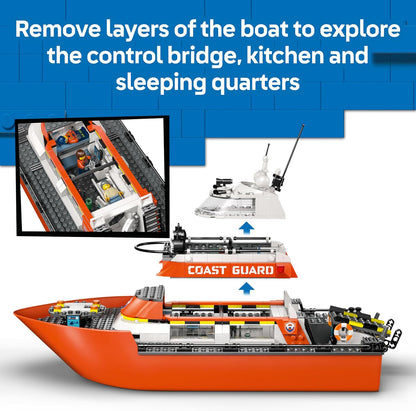 LEGO City Coast Guard Rescue Boat & Helicopter Toy - Emergency Vehicles Playset w/Model Floating Ship, 5 Minifigures & a Dog Figure - Birthday Gift for 7+ Year Old Boys - 60504