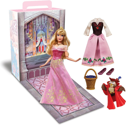 Disney Store Official Aurora Story Doll para crianças, Bela Adormecida, 29 cm/11”, com coruja, 2 roupas, acessórios, pacote de colorir e atividades e caixa que se dobra para um palco de brincadeira
