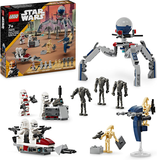 LEGO Star Wars Clone Trooper e Battle Droid Battle Pack Brinquedos de construção para crianças com veículo Speeder Bike, 4 minifiguras e 5 figuras, presentes para meninos e meninas com mais de 7 anos de idade 75372