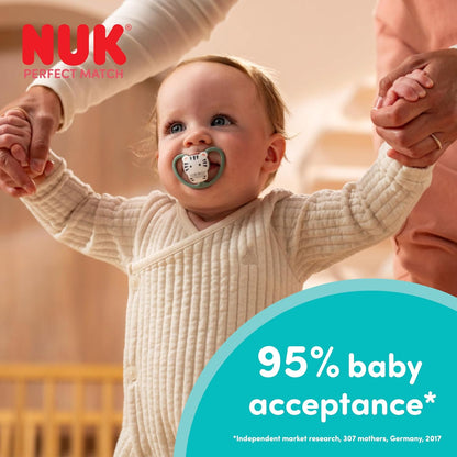 NUK Chupetas Perfect Match Air | 6-18 Meses | Chupetas ortodônticas que favorecem a circulação de ar e previnem irritações causadas pela saliva | 95% de aceitação pelos bebês** | Modelos variados | Embalagem com 4 unidades
