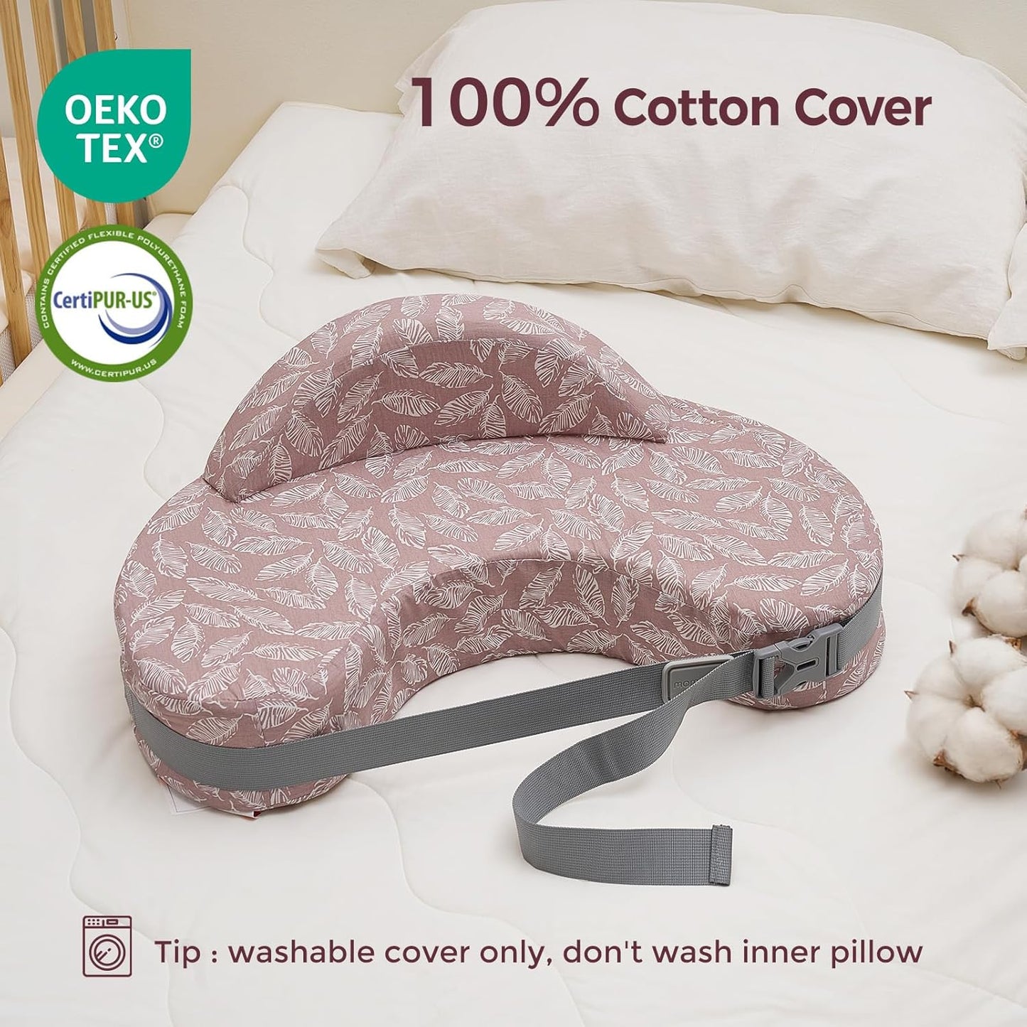 Momcozy Almofada de amamentação em espuma viscoelástica, ergonômica, com proteção lateral, amplo suporte, alça ajustável e capa de algodão removível, rosa.