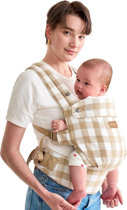 Momcozy Canguru em algodão e linho natural, resistente, design ergonômico, leve e confortável, mãos livres para mamães e papais, estampa xadrez marrom.