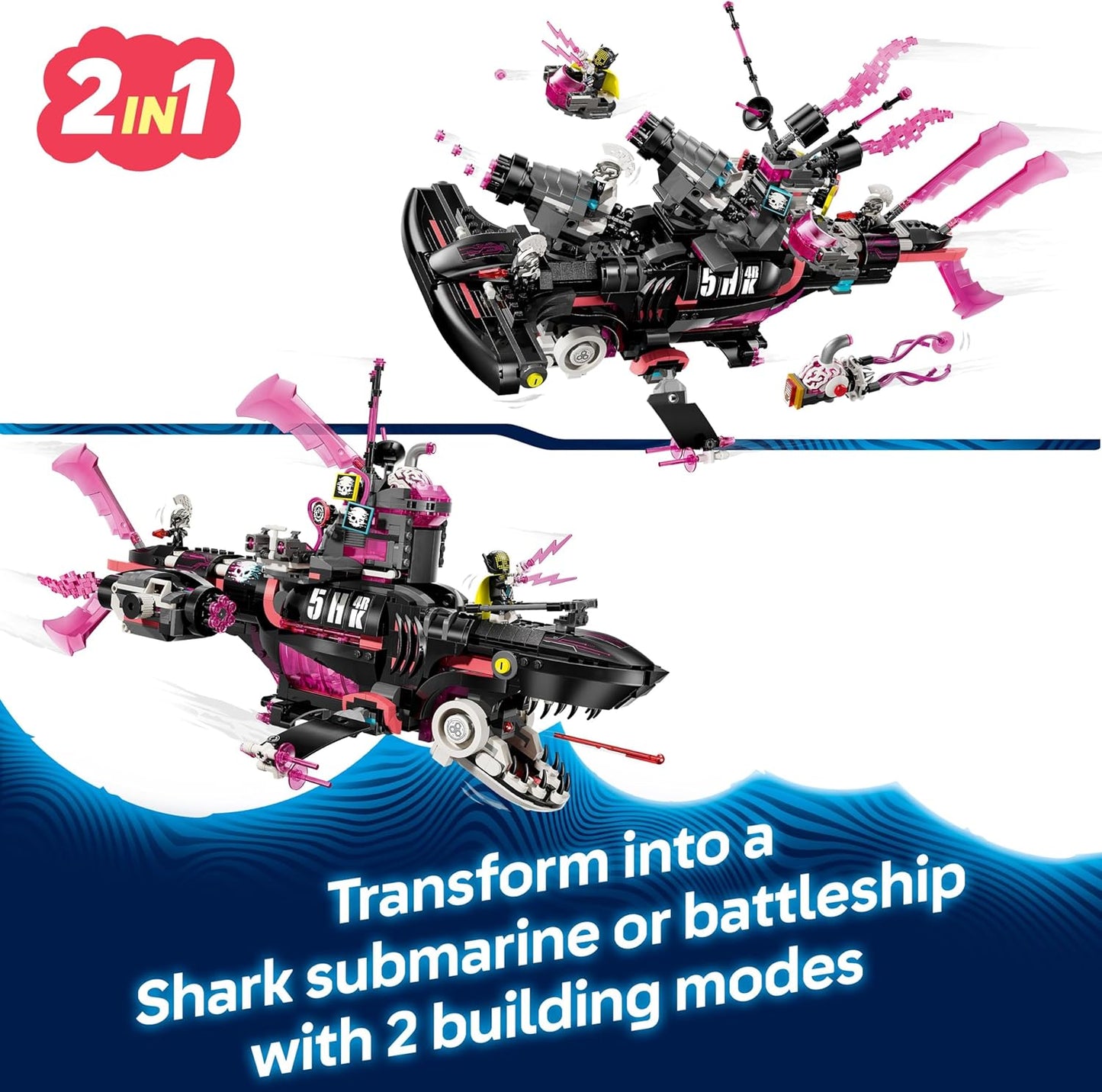 LEGO DREAMZzz 2 em 1 Nightmare Shark Submarino - Conjunto Modular com 2 Opções de Construção, 2 Aviões Destacáveis e 5 Minifiguras, incluindo Mateo e Astrid - Presente Criativo para Meninos e Meninas a partir de 9 Anos - 71500