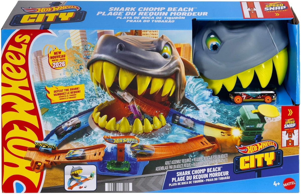 Hot Wheels Conjunto  City Shark Chomp Beach e carrinho em escala 1:64 | Pista com veículo de metal (die-cast) em escala 1:64, 2 formas de brincar