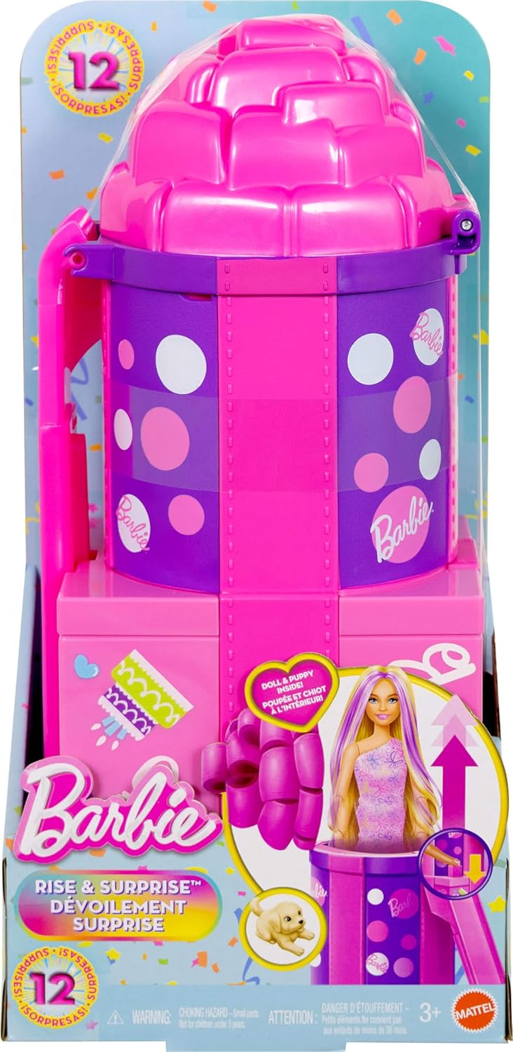 Barbie Rise & Surprise: Boneca e Acessórios, Série Aniversário do Pet com 12 Surpresas, Incluindo Atividade Deslizante e de Mudança de Cor (Modelos Podem Variar), JKF66