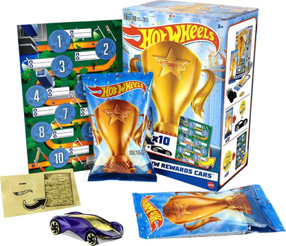 Hot Wheels HW Rewards - Conjunto com 10 carrinhos sortidos em escala 1:64, embalados individualmente, com adesivos dourados. Ideal para crianças a partir de 3 anos. HGJ94