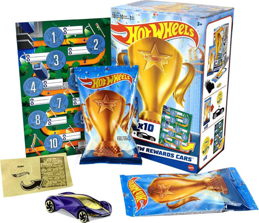 Hot Wheels HW Rewards - Conjunto com 10 carrinhos sortidos em escala 1:64, embalados individualmente, com adesivos dourados. Ideal para crianças a partir de 3 anos. HGJ94