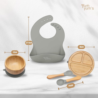 Yum Yum Conjunto com 6 peças para alimentação infantil: pratos com ventosa, pratos de bambu, tigela e colheres de madeira | Kit para introdução alimentar, tigela com ventosa, prato, babadores e conjunto de bambu para bebês.