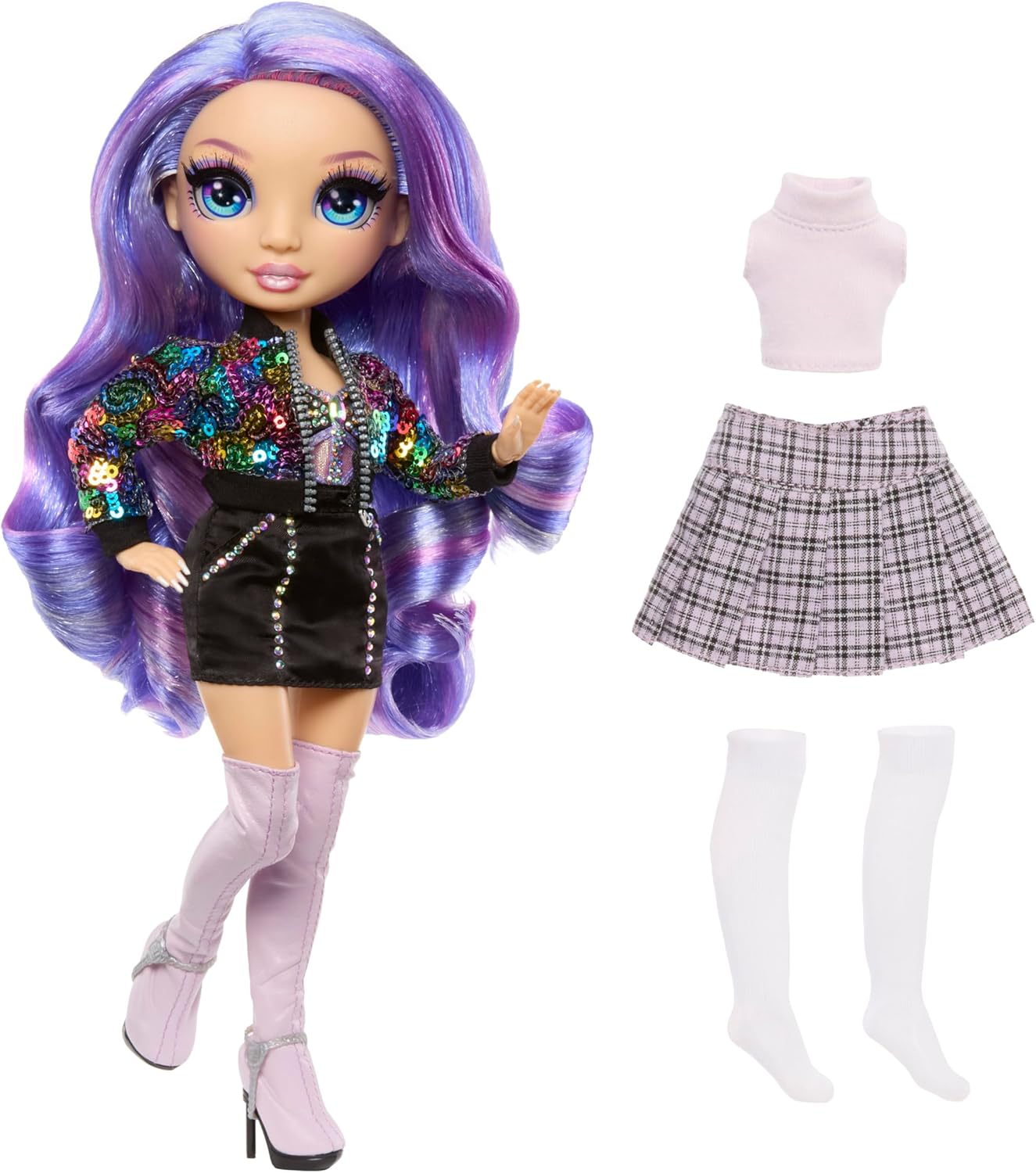 Rainbow High Style Icons Violet - Boneca Fashion de 28cm com Cabelo Longo e Penteável, Acompanha um Segundo Conjunto Combinando e um Segundo Par de Sapatos, Flexível com 13 Pontos de Articulação.