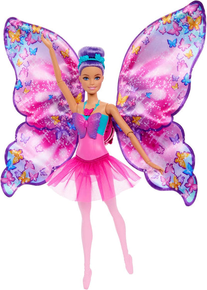 Barbie Boneca dança e flutua com transformação 2 em 1 de dançarina para borboleta com asas que abrem, cabelo roxo, capacete e tutu removível, HXJ10