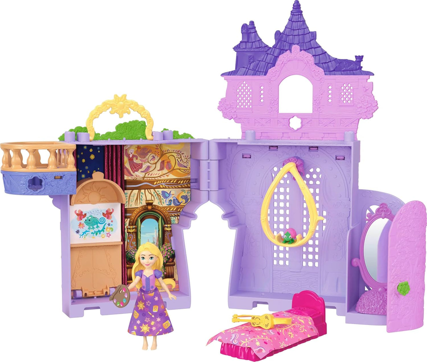Mattel Conjunto de Brinquedo Casa de Bonecas Disney Princess Rapunzel Storytime Stackers da | Boneca pequena articulada da Rapunzel com saia removível, figura do animal Pascal e 7 acessórios; inspirado em "Enrolados" da Disney (JDP61)