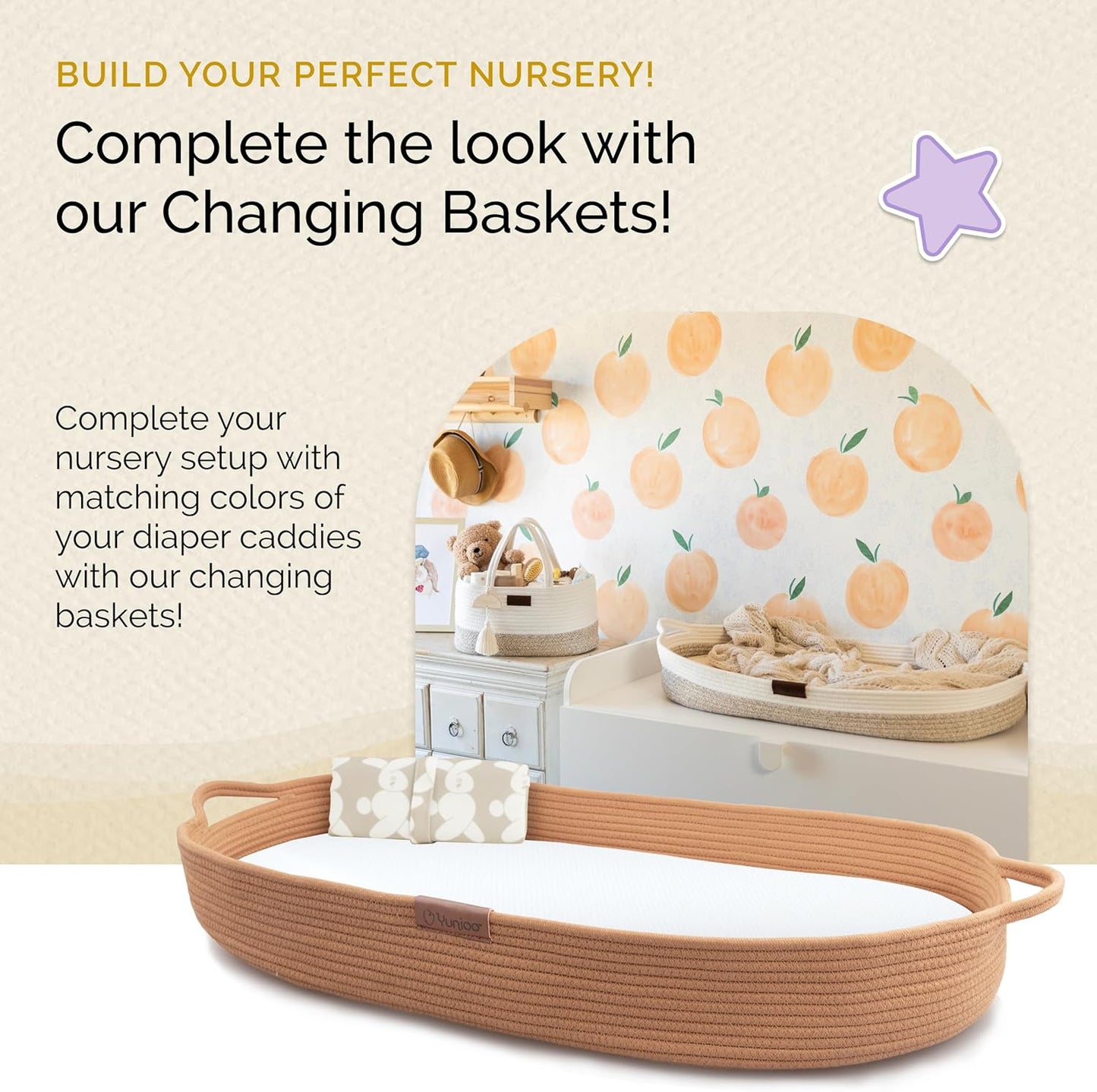 Yunioo Organizador de fraldas para itens essenciais de bebê para recém-nascidos, bolsa para troca de fraldas, cesta para presentes de chá de bebê, organizador de fraldas para trocador e trocador, cesta para guardar brinquedos