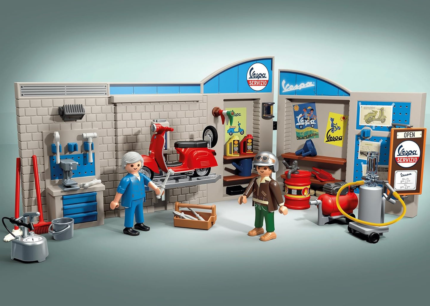 Playmobil Carros 71620: Garagem Vespa dos anos 60, incluindo plataforma elevatória móvel, com acessórios versáteis para uma oficina autêntica, para entusiastas de veículos, crianças e adultos