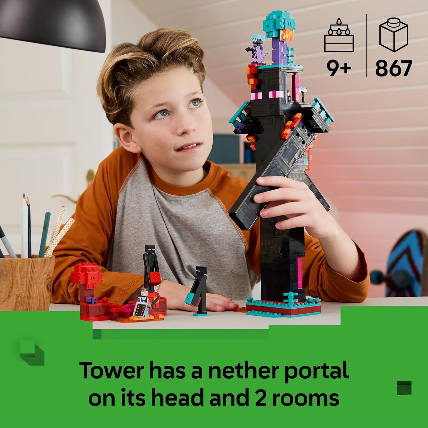 LEGO Minecraft 2 em 1 A Torre Enderman - Brinquedo Modular que Pode Ser Reconstituído em 2 Fortalezas, Incluindo Figuras do Enderman, Endermate e Portal do Nether - Presente para Meninos e Meninas Fãs de Jogos - 21279