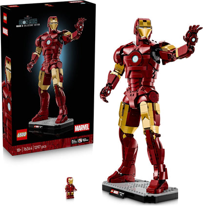 LEGO | Marvel Iron Man Mark 3 Collector's Edition Figure - Kit de Modelo de Exibição dos Vingadores para Adultos - Inclui Minifigura e Reator Arc - Presente Colecionável para Fãs - 76344