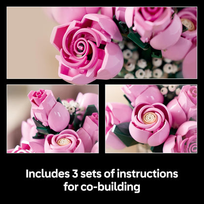 LEGO Botanicals Buquê de Rosas Cor-de-Rosa - Conjunto de Construção de Flores Artificiais para Adultos - Inclui 12 Rosas Artificiais e 4 Ramos de Gipsofila para Decoração de Casa - Ideia de Presente DIY - 10374