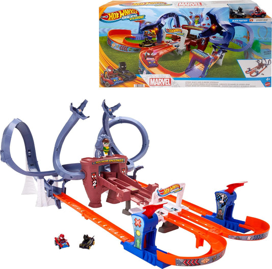 Hot Wheels RacerVerse Spider-Man’s Web-Slinging Speedway Track Set com Hot Wheels Racers Spider-Man e Black Panther, corrida de várias voltas para escapar do Doutor Octopus, HTM08