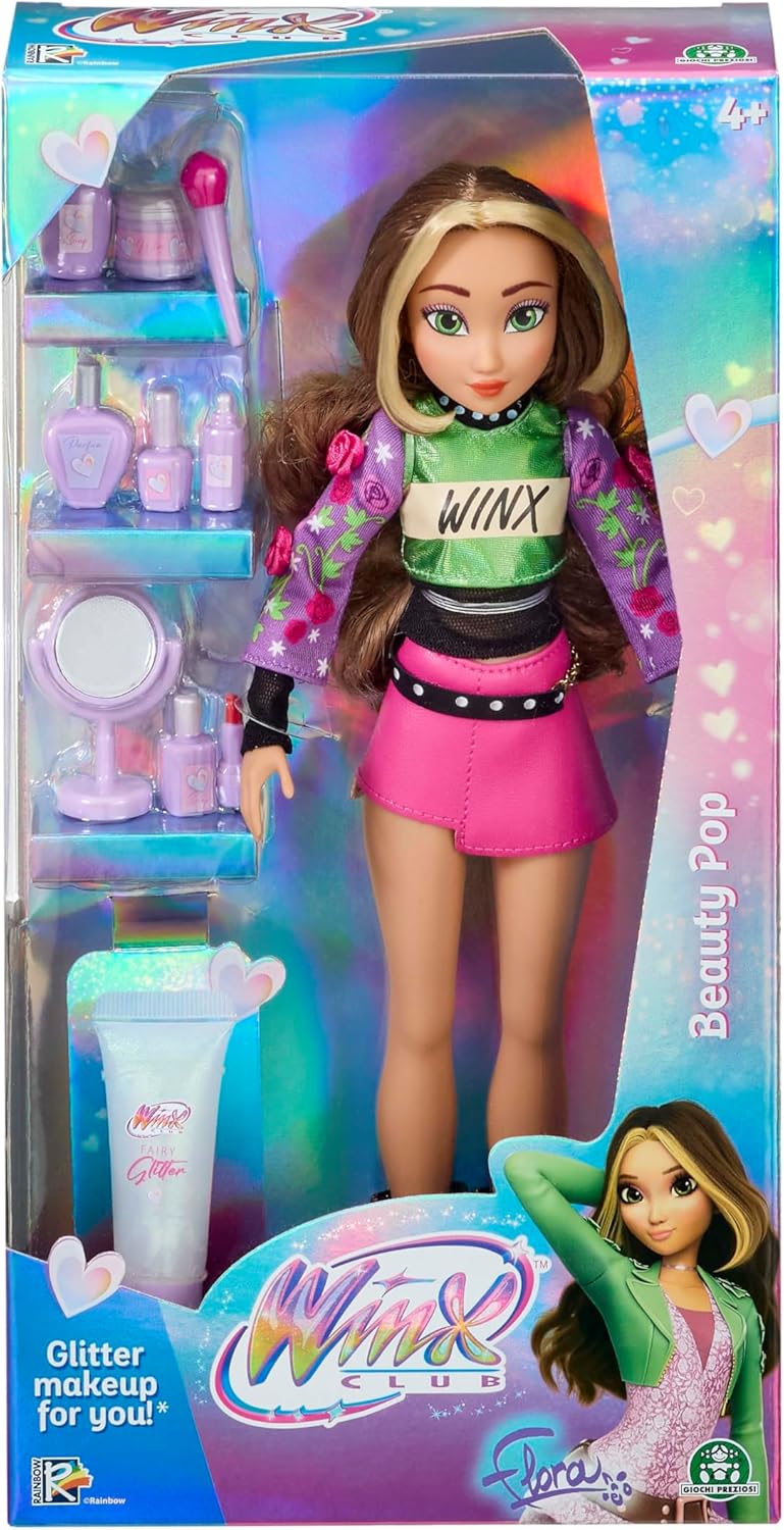 Winx Club Boneca Beauty Pop – Flora com Roupa de Show Fashion e Gel com Glitter – Boneca Fada Totalmente Articulada com Acessórios de Beleza – Brinquedo Oficial para Meninas – A partir de 4 Anos