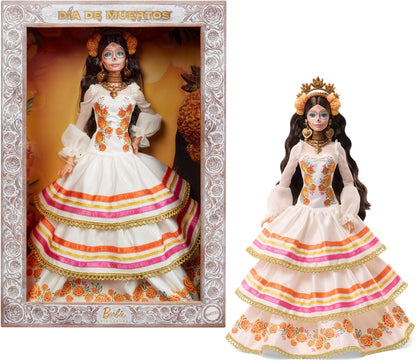 Barbie Signature Doll, Día De Muertos 2025 Collectible em vestido creme com babados, adornado com cravos-de-defunto e fita, coroa de flores e pintura facial de caveira, JBJ05