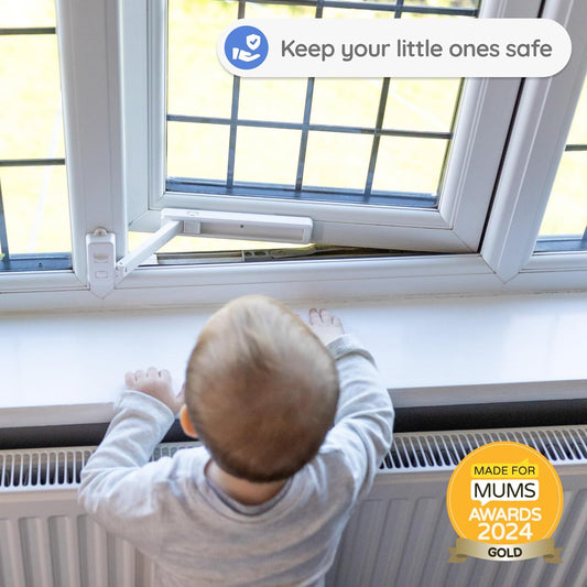 BABYGO® Restritor de janela – Trava de segurança infantil para janelas UPVC, madeira, metal e alumínio | Autoadesivo, sem ferramentas ou perfuração | Fechadura de janela infantil Easy Fit, branca