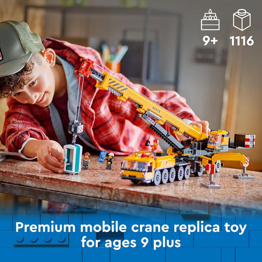LEGO Brinquedo de guindaste de construção móvel City Yellow, conjunto de construção de veículos para meninos e meninas de 9 anos ou mais, lança longa extensível e 4 minifiguras de trabalhador para dramatização, presente criativo para crianças 60409