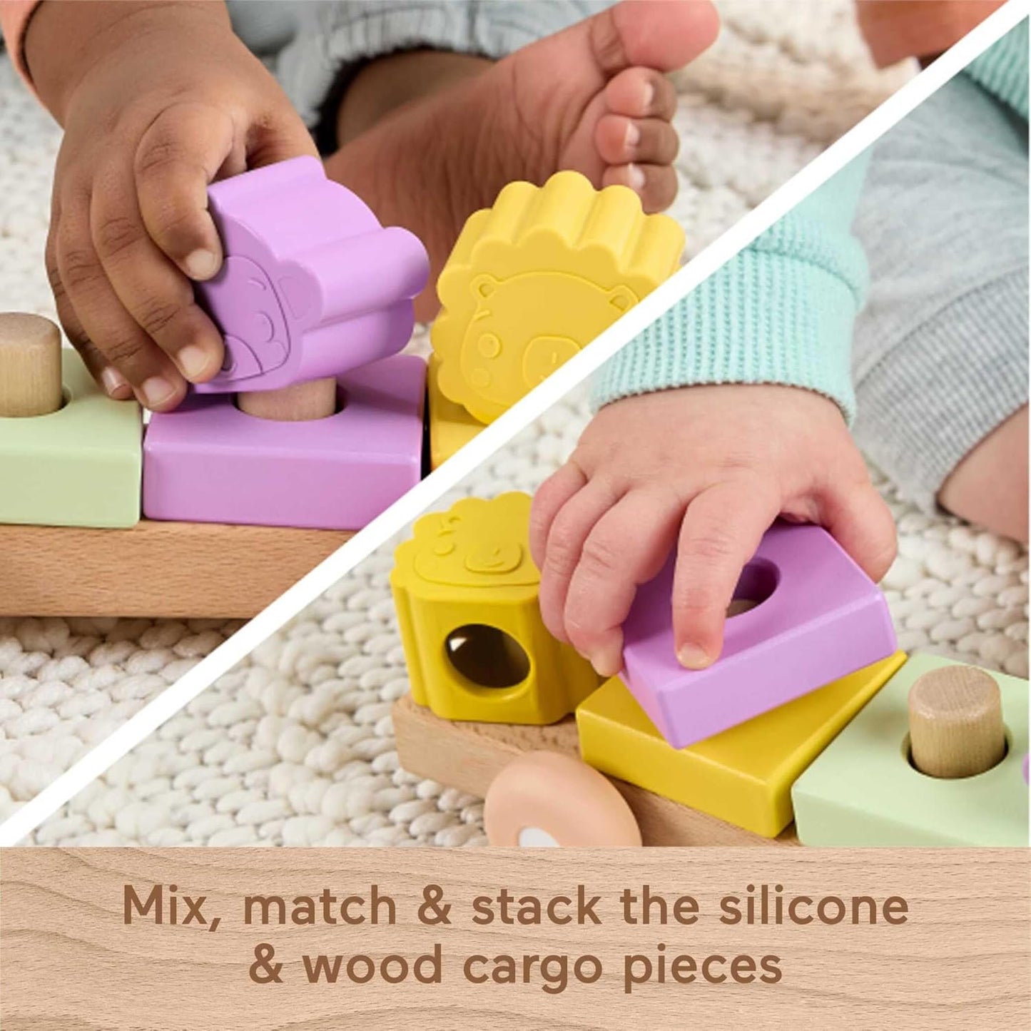 Fisher-Price Trem de madeira para bebês, brinquedo de empilhar, 9 peças com blocos de silicone e madeira para bebês e crianças a partir de 9 meses, JKH08