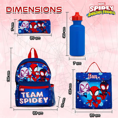 Conjunto Escolar Marvel Homem-Aranha e Seus Incríveis Amigos com Mochila (4 peças) | Inclui Mochila, Lancheira, Garrafa de Água e Estojo | Itens Essenciais para a Volta às Aulas | Bolso Canguru e Bolso Lateral em Tela
