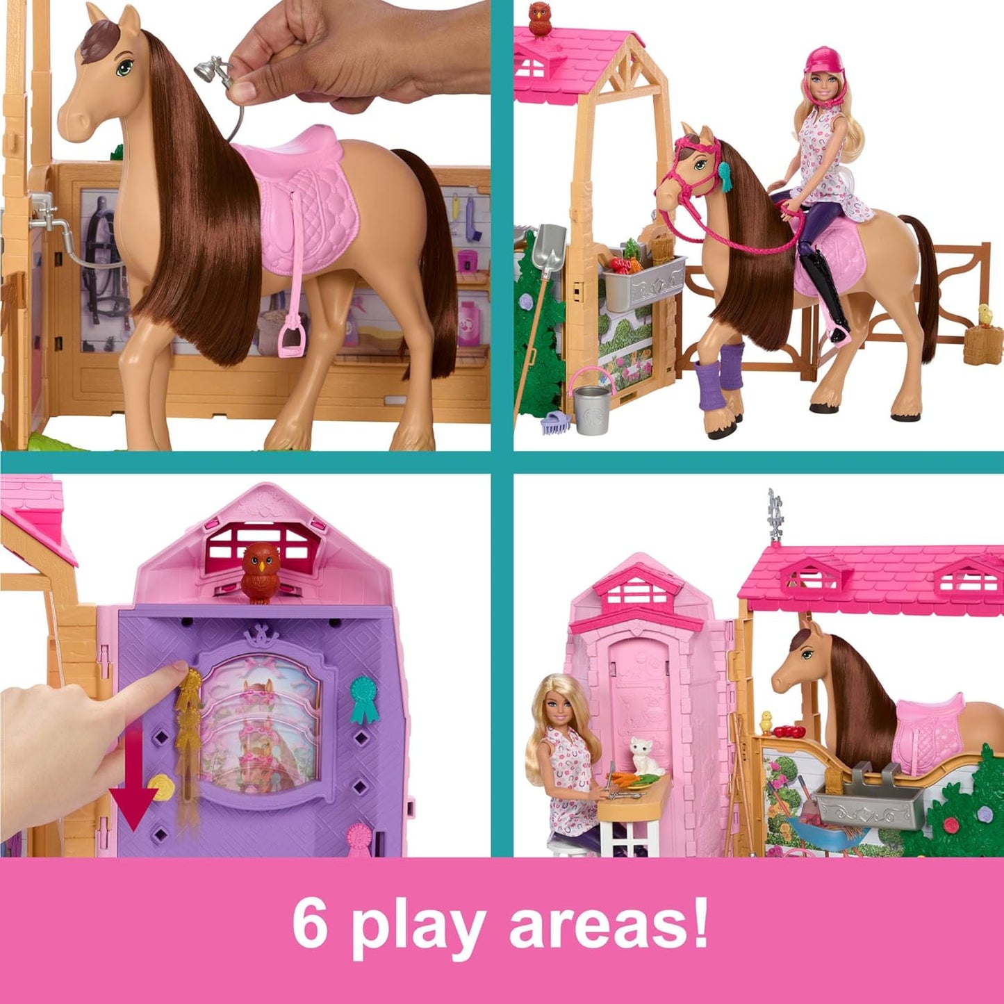 Barbie Conjunto de estábulo com boneca, cavalo e acessórios, mais de 25 peças com 6 áreas de brincadeira, inspirado em Barbie Mysteries: The Great Horse Chase, JDN43