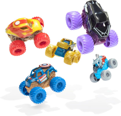 Monster Jam, Marvel Mini Pacote Oficial com 5 Miniaturas e Caminhão Monstro Colecionável Misterioso, Escala 1:87, Brinquedos Surpresa para Crianças a partir de 3 Anos