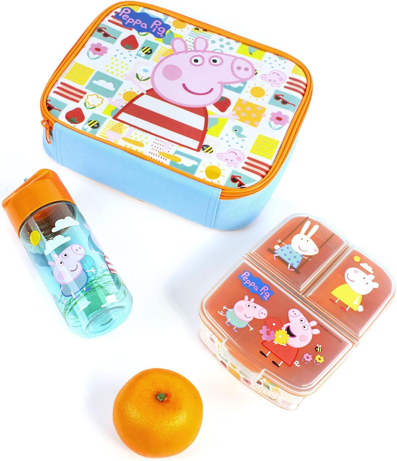 Peppa Pig Conjunto de lancheira para crianças | Bolsa de comida escolar, garrafa de água e pote de lanche | Aventura com George Pig, Rebecca Rabbit, Suzy Sheep | Conjunto de almoço leve a aventura da Peppa para todos os lugares