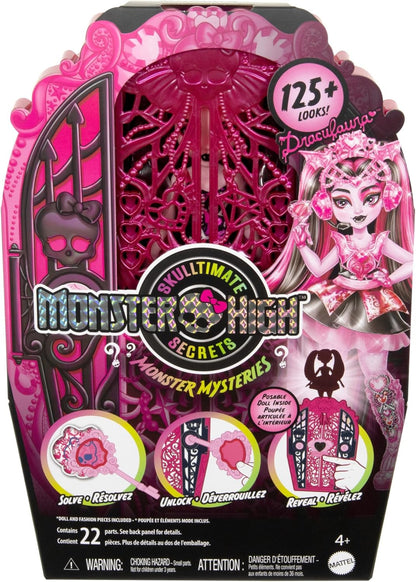 Monster High Skulltimate Secrets Juego de muñecas y accesorios, Monster Mysteries Draculaura con tocador y más de 19 sorpresas, incluida ropa de muñeca, HXH84