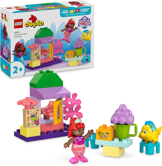 LEGO DUPLO | Disney Ariel and Flounder's Café Stand, juguete de construcción de La Sirenita para niños pequeños, niñas y niños de 2 años, juguetes de aprendizaje para niños pequeños con comida simulada, juego educativo,