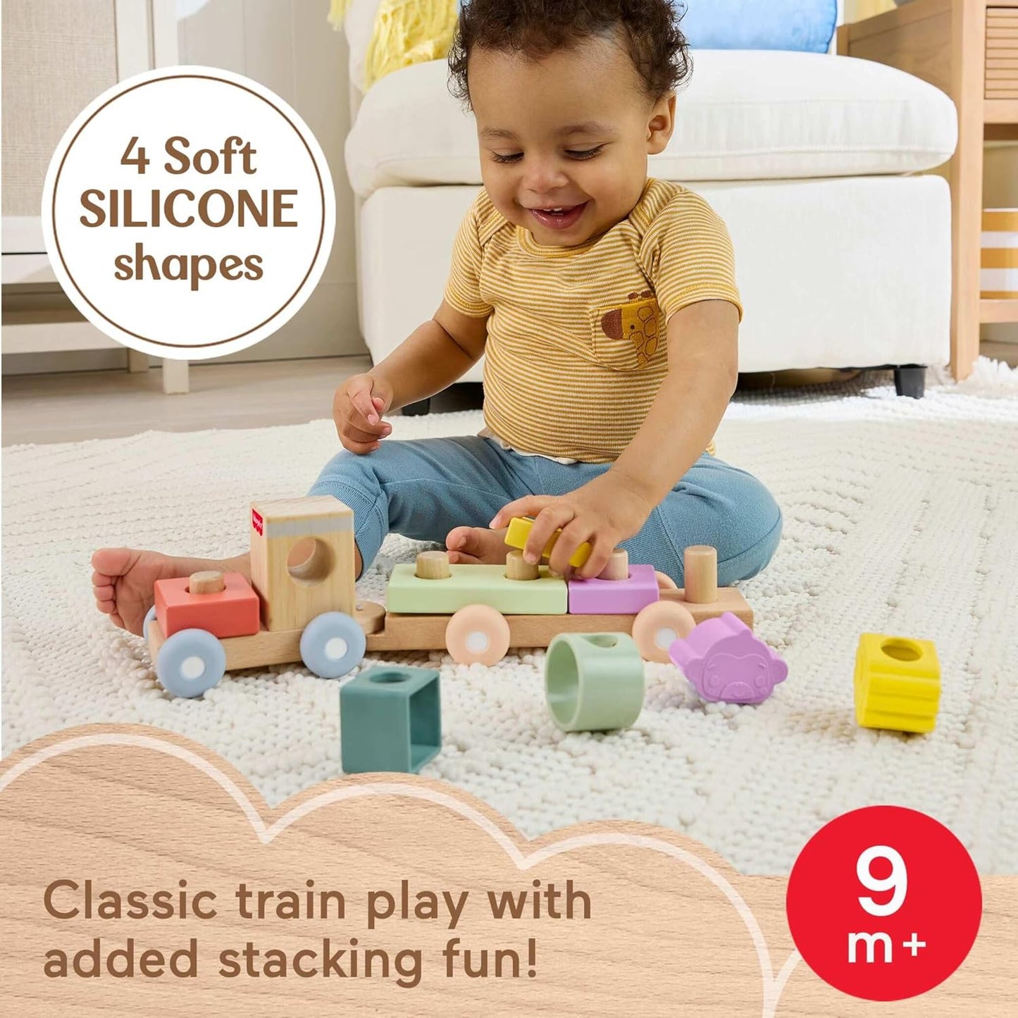 Fisher-Price Trem de madeira para bebês, brinquedo de empilhar, 9 peças com blocos de silicone e madeira para bebês e crianças a partir de 9 meses, JKH08