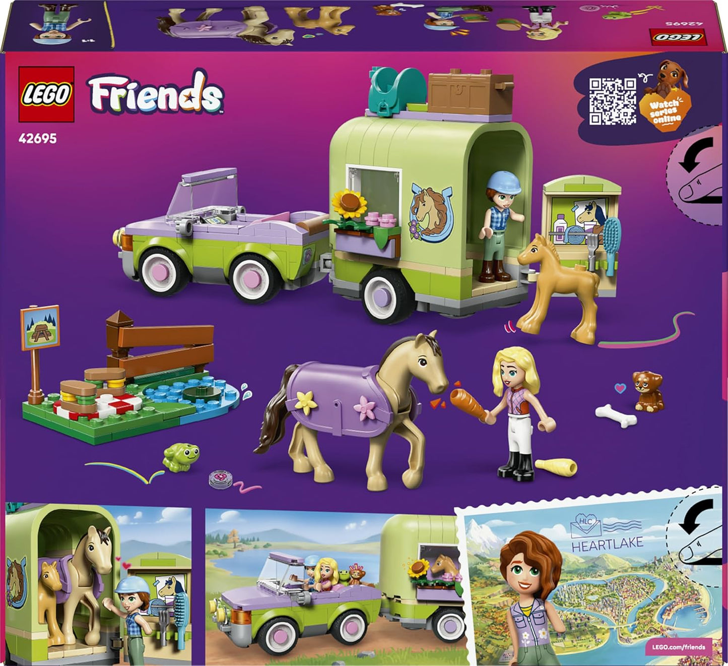 LEGO Friends Reboque para Cavalo e Potro - Conjunto de Brinquedo com Acessórios de Higiene, 4 Figuras de Animais, Carro e 2 Mini Bonecas - Ideia de Presente de Aniversário para Meninas a partir de 7 Anos - 42695