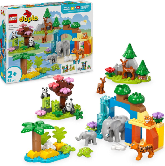 LEGO DUPLO Conjunto de famílias de animais selvagens 3 em 1, brinquedo de aprendizagem infantil Montessori com figuras de tartaruga, tigre, elefante, veado e panda para meninas e meninos de 2 anos ou mais