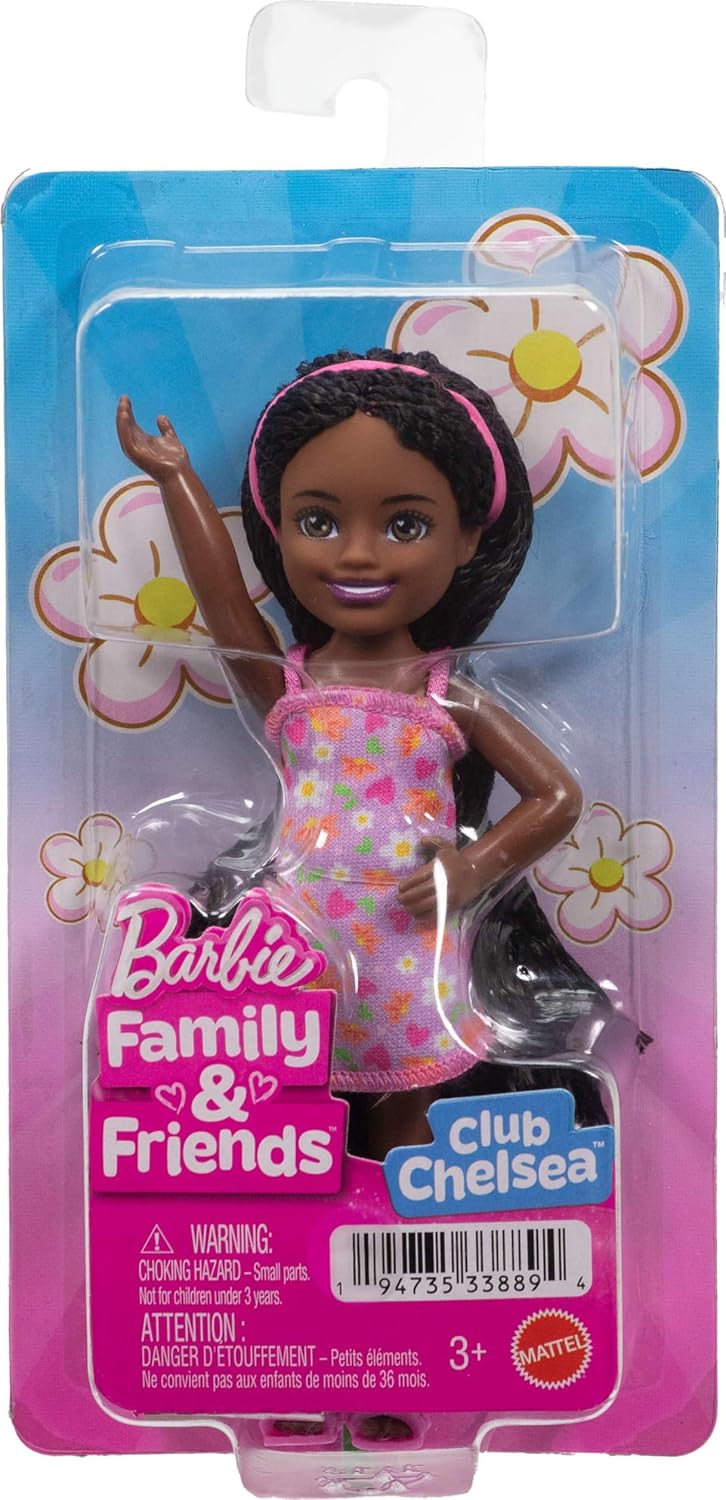 Barbie Club Chelsea Boneca Pequena, 15 cm (6 polegadas), Ari com Cabelo Trançado, Vestido Removível com Estampa Floral e Sandálias Rosa, JJB34