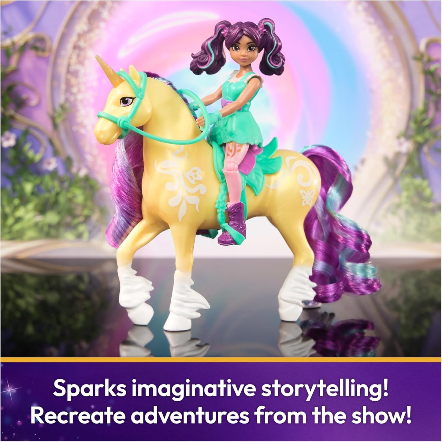 Unicorn Academy Conjunto Ava & Leaf com 2 acessórios de montaria e ferramenta de penteado, bonecas e brinquedos de unicórnio para meninas a partir de 4 anos.