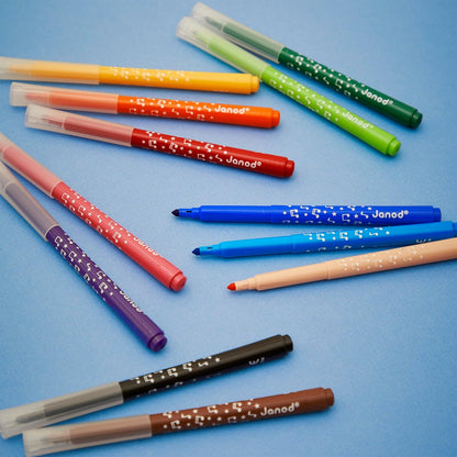 Janod - Canetas hidrográficas de longa duração - Ponta travada e cônica para diferentes espessuras de linha - Tinta lavável - Hobbies e artesanato criativos - Idades 3+