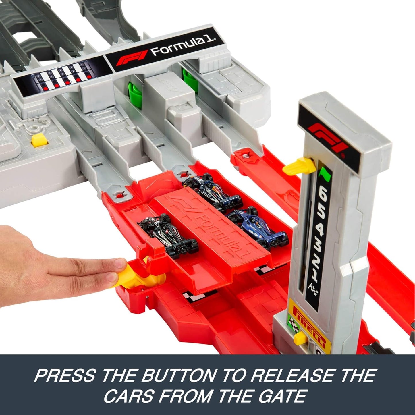 Conjunto de Pista de Carrinhos Hot Wheels, Circuito de Fórmula 1 com 3 Carrinhos de Brinquedo Die-Cast na Escala 1:64, Dois Modos de Corrida com Impulsor Motorizado, JLB13