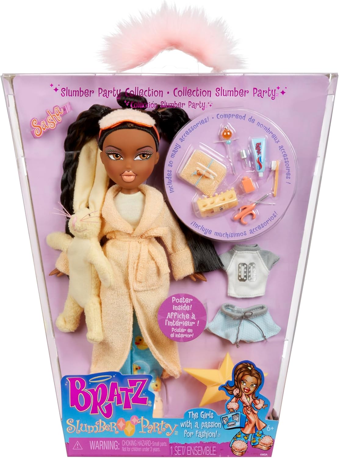 Bratz Boneca Slumber Party Fashion - Com 2 conjuntos de pijamas, bichinho de pelúcia e acessórios - Adequado para crianças e colecionadores
