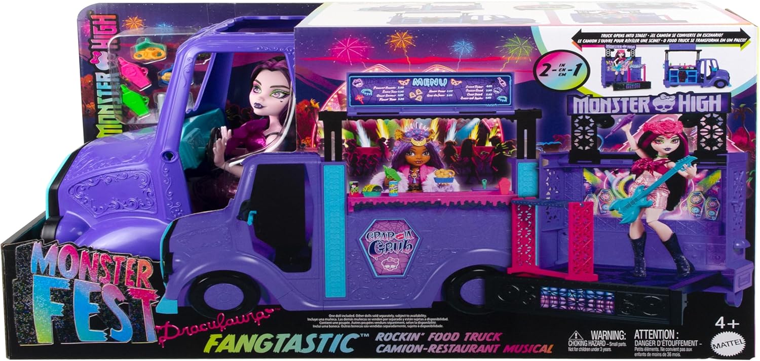 Monster High Boneca e playset Draculaura, Fangtastic Rockin' Food Truc