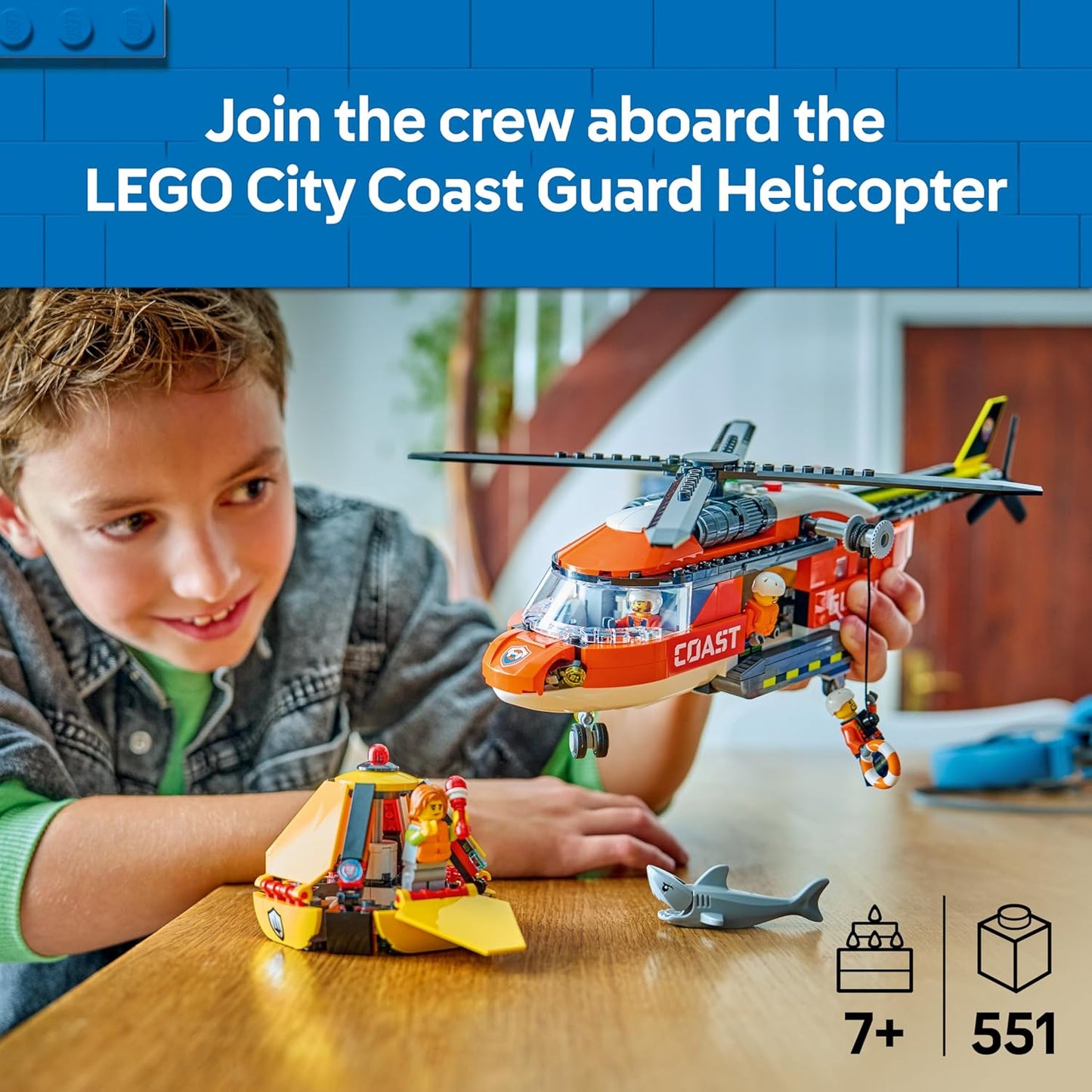 LEGO City Helicóptero da Guarda Costeira - Kit de Modelo de Veículo de Emergência com Portas Deslizantes, Guincho, 4 Minifiguras e Figura de Tubarão - Presente de Aniversário para Meninos a partir de 7 Anos - 60503