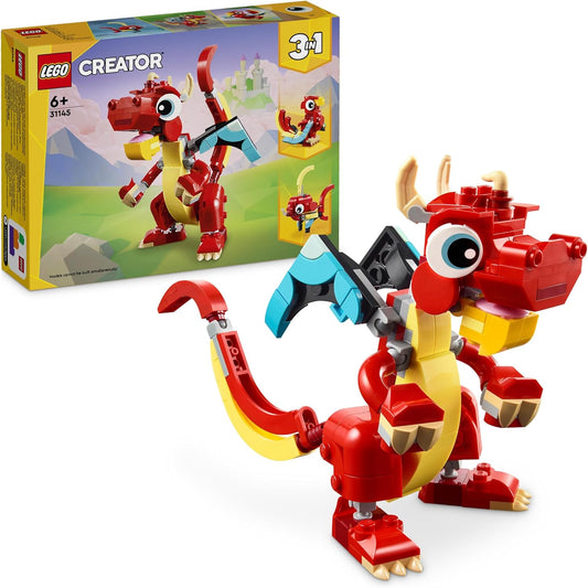 LEGO Creator Juguete de Dragón Rojo 3 en 1 para Figura de Pez para Modelo de Ave Fénix, Juego de Figuras de Animales, Regalos para niños, niñas y niños de 6 años en adelante 31145
