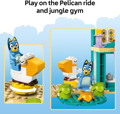 LEGO Diversão no playground Bluey com Bluey e Chloe - Brinquedo para meninas e meninos a partir de 4 anos - inclui 2 minifiguras, um balanço rosa funcional, escorregador, estrutura de escalada e 3 plantas - Presente.