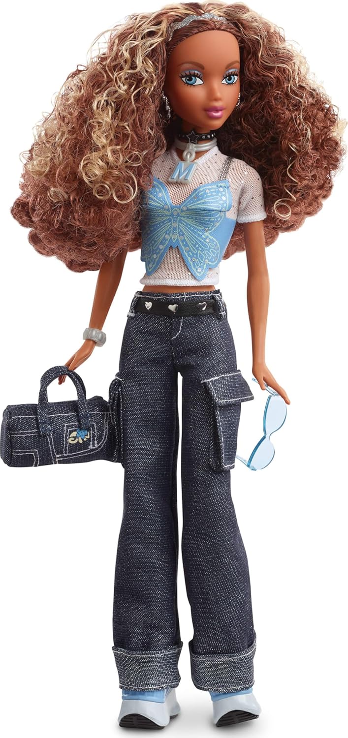 Barbie Boneca Signature My Scene Madison e acessórios, traje inspirado no Y2K com blusa borboleta, calça cargo, bolsa jeans e suporte para boneca, HYC18
