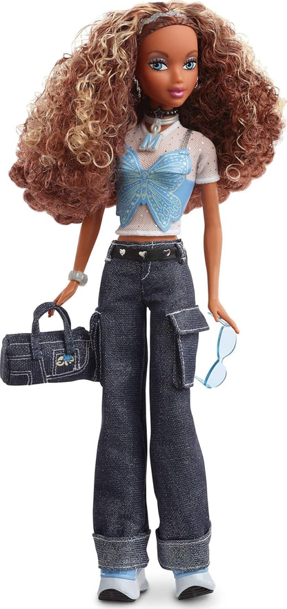 Barbie Boneca Signature My Scene Madison e acessórios, traje inspirado no Y2K com blusa borboleta, calça cargo, bolsa jeans e suporte para boneca, HYC18